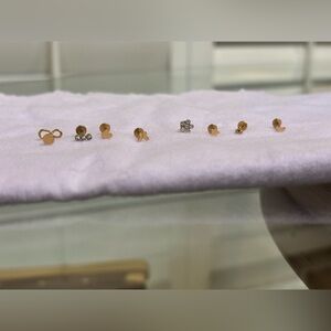 Gold Tone Flat Back Stud Earrings Set Minimal CZ Hearts Flowers Never Worn